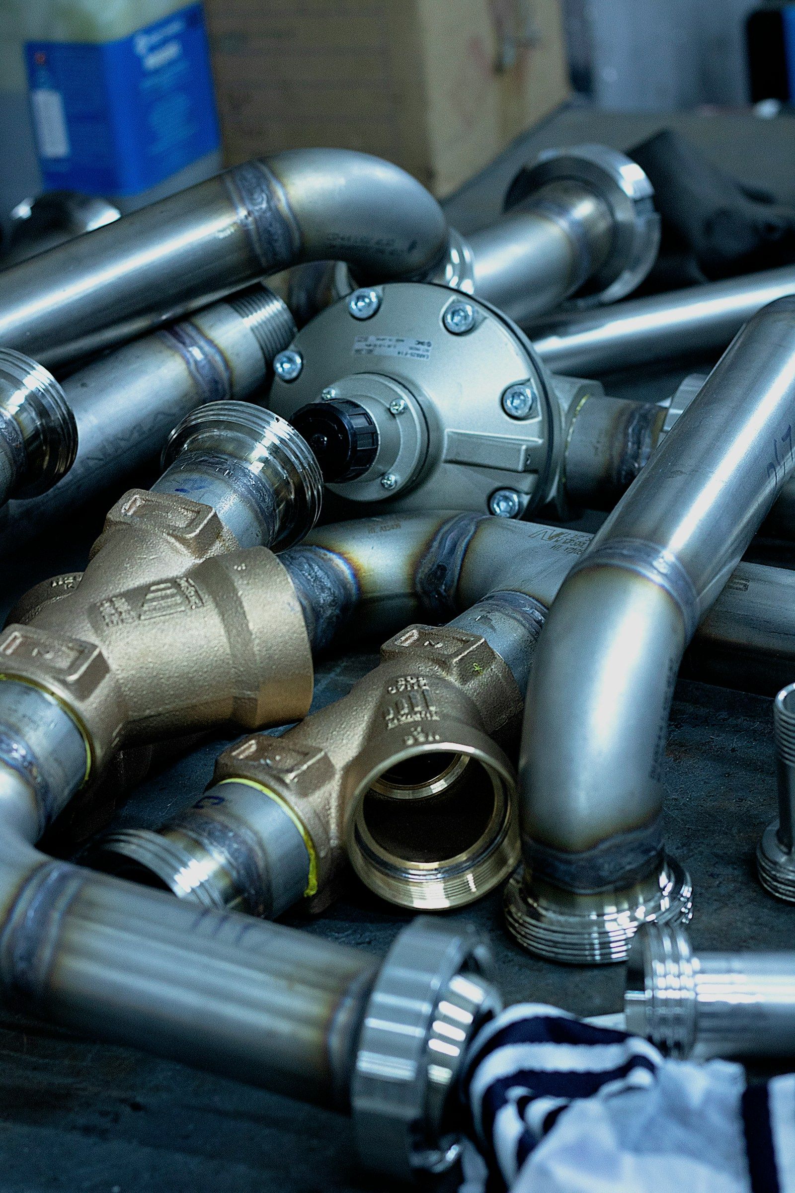 Close-up of metal pipe fittings, valves and a pressure regulator